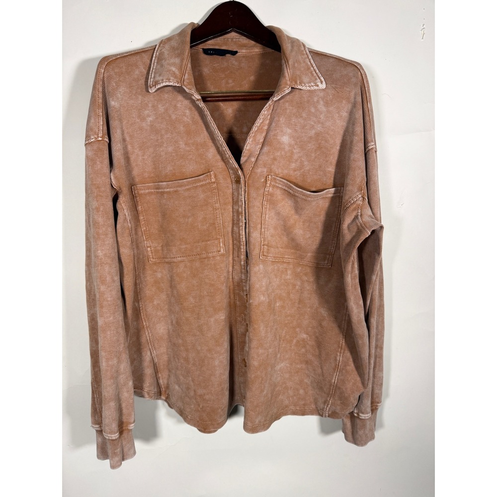 Jane + Delaney Waffle Knit Acid Wash Button Down Shirt Terracotta Orange XL